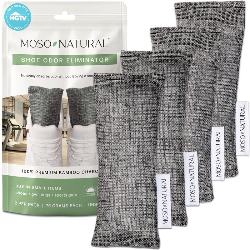 Moso Natural Shoe Deodorizer Inserts, Charcoal Odor Absorber for Shoes, Gym Bag & Boot Deodorizer, Long-Lasting Shoe Odor Elimination, Unscented Air Purifying Bags (Two Per Pack. 4 Total) - Image 1